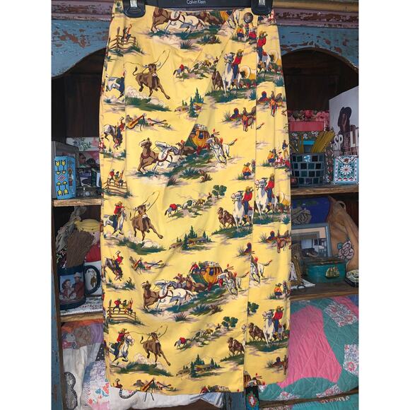 VINTAGE 90's UNWORN COWBOY PRINT WESTERN WRAP SKIRT-MALIBU COWBOY, BEYONCE - Picture 7 of 11
